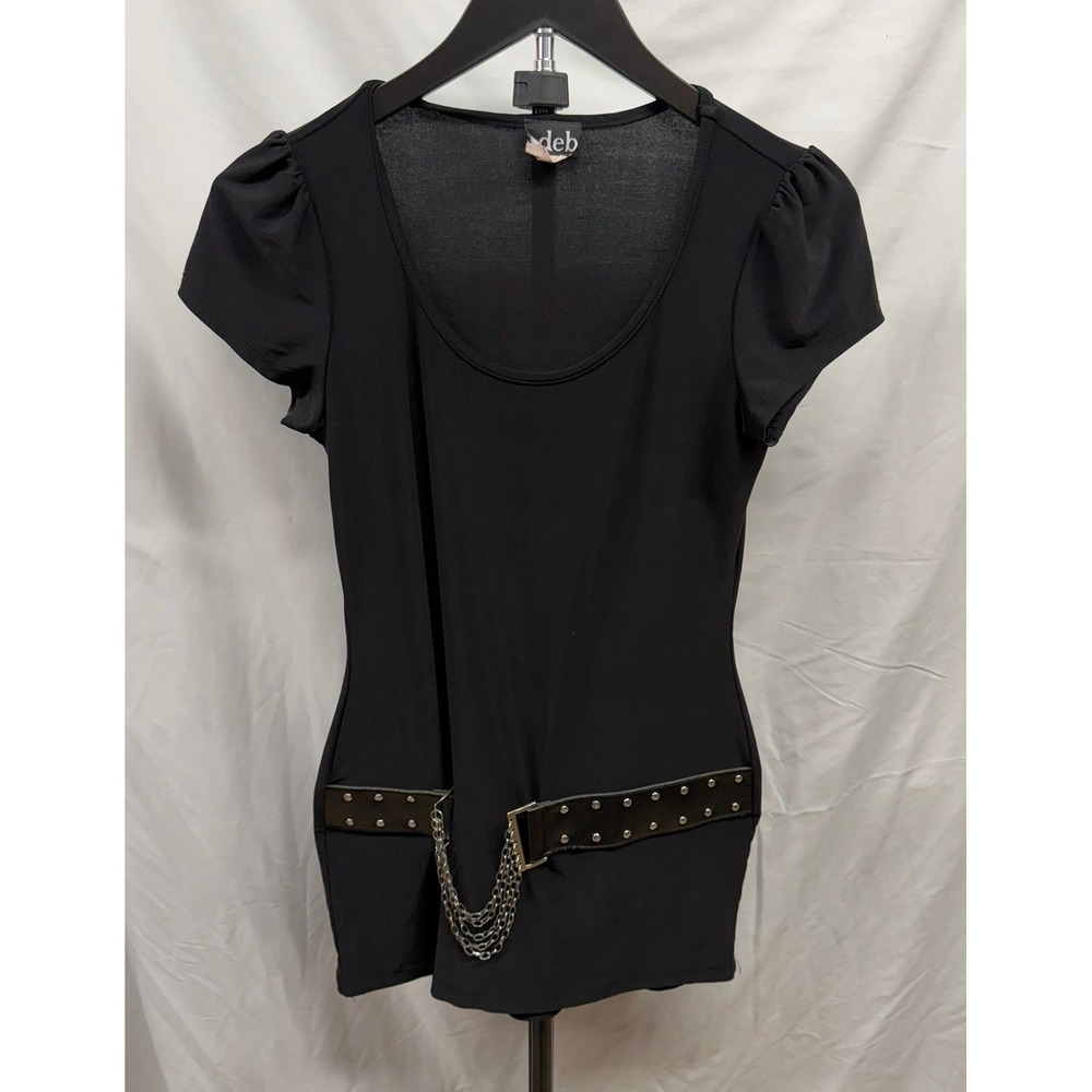 Deb Vintage 90's Y2K Black Short Sleeve Scoop Neck Studded Belt Chain Mini Tunic